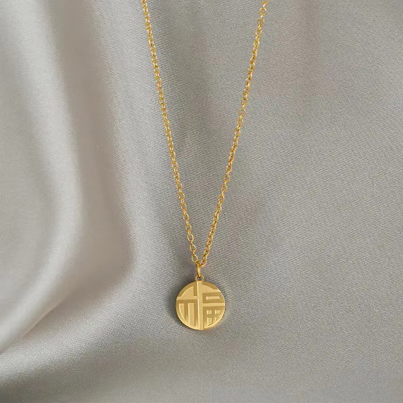 Aço inoxidável jóias atacado, aço titânio ouro Fu colar pingente, colar paz design chinês