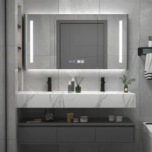 2022 Nieuwe Witte Badkamermeubel Marmer Moderne Massief Houten Drijvende Washroom Dubbele Wastafel Met Spiegel