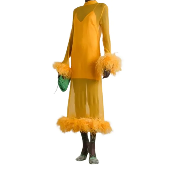 custom women buttons cut out keyhole sheer sling mesh slim fit slip ostrich feather-trimmed Yellow silk-georgette midi dress