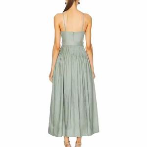 Robe midi trapèze vert menthe personnalisée, élégante, bohème, décontractée, avec ceinture, 100 % lin, sans manches, pour printemps, été, automne - Product Image 3