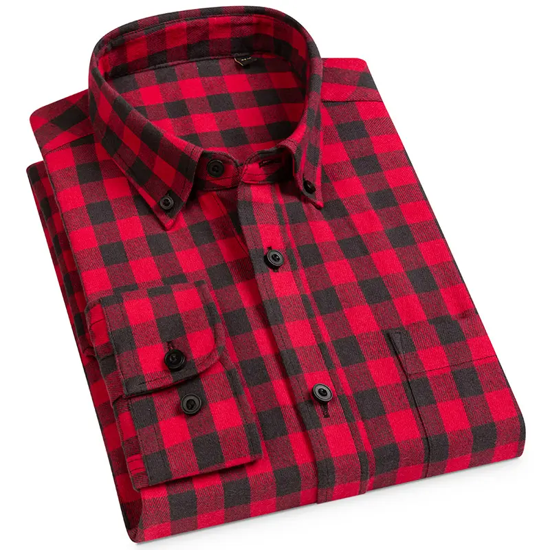 Factory sale vintage red black color plaid pattern long sleeve flannel British style young man casual mens shirts male shirts