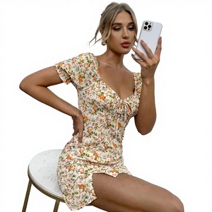 Abito estivo stampato a vita alta con gonna corta, <span class=keywords><strong>vestito</strong></span> floreale sexy con spacco, scollo quadrato, scollatura profonda, allacciatura sul retro, senza schienale, <span class=keywords><strong>aderente</strong></span> - Product Image 1