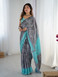 Sari élégant en chinnon lourd à imprimé floral gris avec bordure turquoise pour femmes, tenue de mariage, sari indien - Product Image 5
