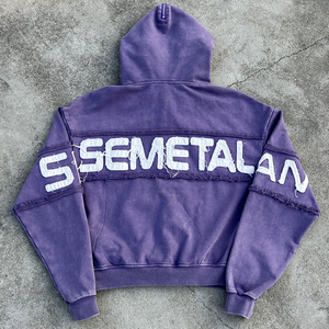 Wholesale <b>Drop</b> Shoulder Distressed Cropped Hoodie Oversized Zip up <b>Acid</b> Wash Hoodie Custom Embroidered Men Streetwear Hoodies - Product Image 2