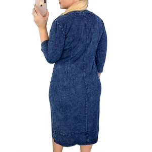 talla grande azul a cuadros Falda de tubo de tela vaquera suelta cuello redondo encaje hasta tres cuartos vestido largo - Product Image 3