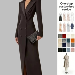 معطف نسائي طويل أنيق بتصميم مخصص ODM OEM، أسود اللون مع ياقة على شكل V وأزرار مزدوجة وحاشية واسعة، بليزر نسائي طويل - Product Image 1