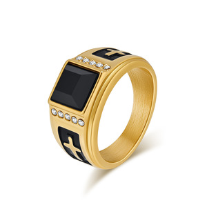 Cross <b>Titanium</b> Steel <b>Ring</b> With <b>Black</b> Gem And Diamond Pave Setting For Men Hip Hop Punk Jewelry - Product Image 1