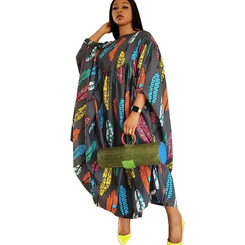 בציר הדפסת קיץ ארוך שמלות לנשים מקרית Loose עטלף שרוול גלימת העבאיה גבירותיי אלגנטי Boubou שמלת קפטן אופנה