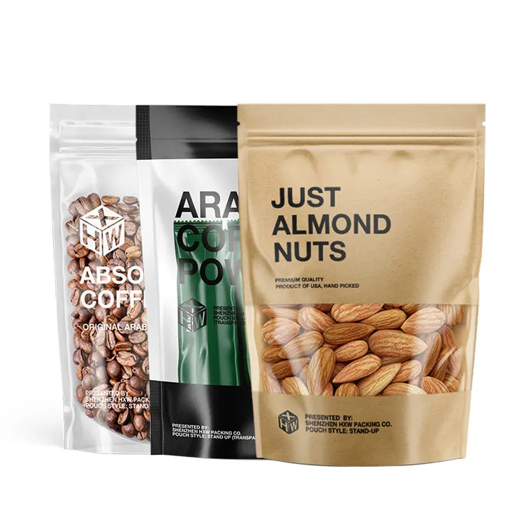 Emballage alimentaire en papier aluminium Ziplock, pochette debout en papier Kraft brun biodégradable pour collation, protéines en poudre, grains de café