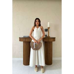 Vestido de Lino con Cintura Elástica y Espalda Descubierta, Corte en A, Transpirable, Tejido, Informal para Uso Diario - Product Image 4