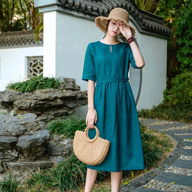 Original Cotton And Hemp Women'S Spring And Summer New Women'S Five-Point Sleeve Pure Linen Dress Crewneck Loose Midi Dress