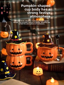 <span class=keywords><strong>Mug</strong></span> en céramique amusant et mignon en forme de citrouille pour Halloween, avec couvercle, fait main, portable, coffret cadeau pour petite amie et couple - Product Image 2