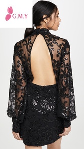 GIMILY-Vestido corto de talla personalizada para mujer, estampado Floral informal, malla de lentejuelas negras, Espalda descubierta, cuello falso, manga larga - Product Image 3