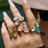 Bagues de luxe en acier inoxydable plaqué or 18 carats, inaltérables, étanches, avec strass en verre multicolores et cristaux géométriques