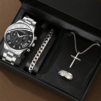 Jam Tangan Quartz Kalender Pria Mewah, Jam Tangan Bisnis Fashion Pria, Jam Tangan Pria Reloj Hombre, Set Perhiasan Salib 3PCS/Set