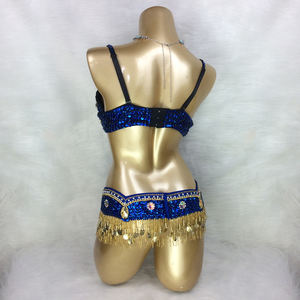 סט תלבושות לריקודי בטן עם חרוזים בעבודת יד חזייה+חגורה 3 חלקים פוליאסטר בגדי ריקוד לנשים - Product Image 2