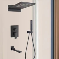 Système de douche de luxe noir avec mitigeur chaud/froid encastré à poignée unique et pommeau de douche de plafond effet pluie