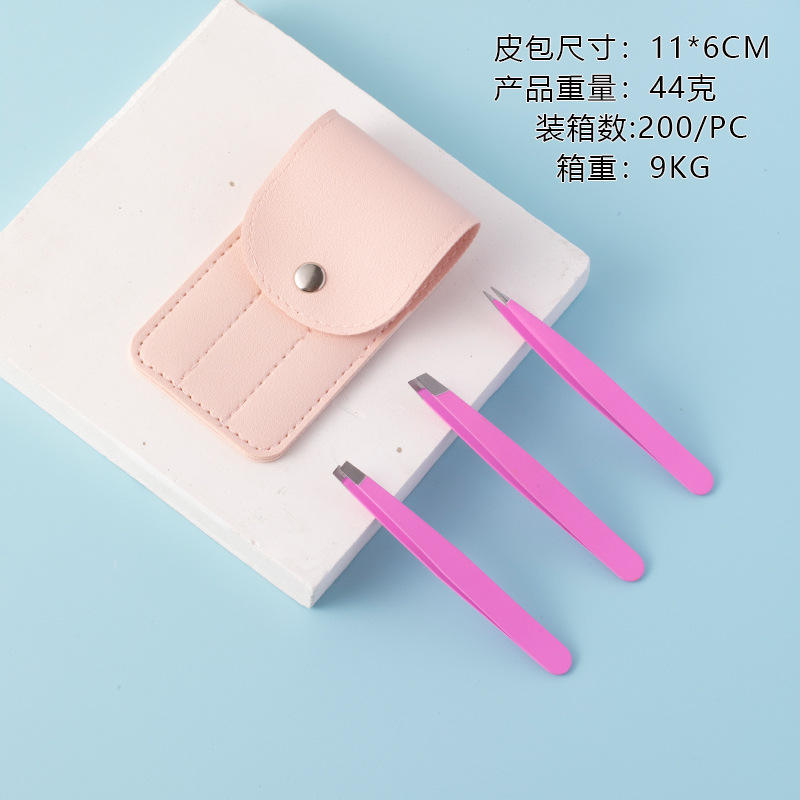 กระเป๋าแป้งปุ่ม คลิปหนีบคิ้วสีชมพู ชุด 3 ชิ้น