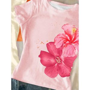 T-shirt décontracté à fleurs pour femme FOXA, manches courtes, col rond, coupe ajustée, haut d'été respirant en polyester tricoté, imprimé par sublimation - Product Image 4