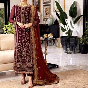 <b>Women</b> Maroon Straight Embroidered <b>Kurta</b> With Rust Dupatta Indian Pakistani Party Wear 3 Piece Suit shalwar kameez - Product Image 1