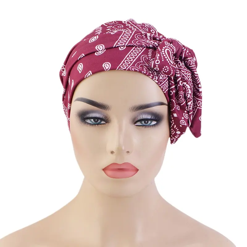 New Style Elastic Fabric Female Curly Hair Use Head Wrap Bowknot Bandana Print Hijab Turban With Tie