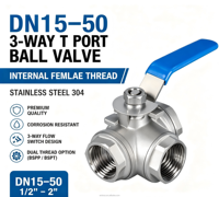 Vanne à bille en acier inoxydable à 3 voies DN15-DN50, vanne à bille filetée à port en T BSPP BSPT, vanne de régulation de débit manuelle pour eau, gaz, huile