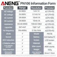 Pince ampèremétrique numérique ANENG PN106 AC/DC 4000 points de mesure, 600A, pour l'entretien automobile et électrique.