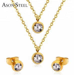 Ensemble de bijoux en acier inoxydable à prix de gros, collier et boucles d'oreilles pendantes de forme ronde avec zircon et double chaîne pour femmes - Product Image 1