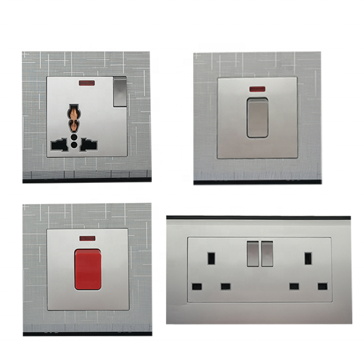 Uk Standard Universal 2gang 2way Switches Pc Panel 220v Wall Light Switch Socket Silver Brush Meteor Rain Series Power Switch