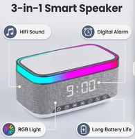 2027 Stereo BT-Lautsprecher-Dockingstation mit Schnellem Kabellosen Laden und Wecker Handy-Ladestation Audio-Station für Schlafzimmer Büro