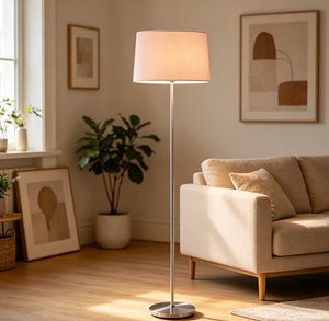 Lampada <span class=keywords><strong>da</strong></span> <span class=keywords><strong>Terra</strong></span> Moderna in Ferro Cromato con Base LED E27 e Paralume Cilindrico in Tessuto Rosa per Soggiorno - Product Image 5
