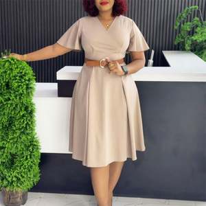 Robe midi élégante et décontractée pour femme, unie, avec ceinture, idéale pour le bureau ou l'été - Product Image 4