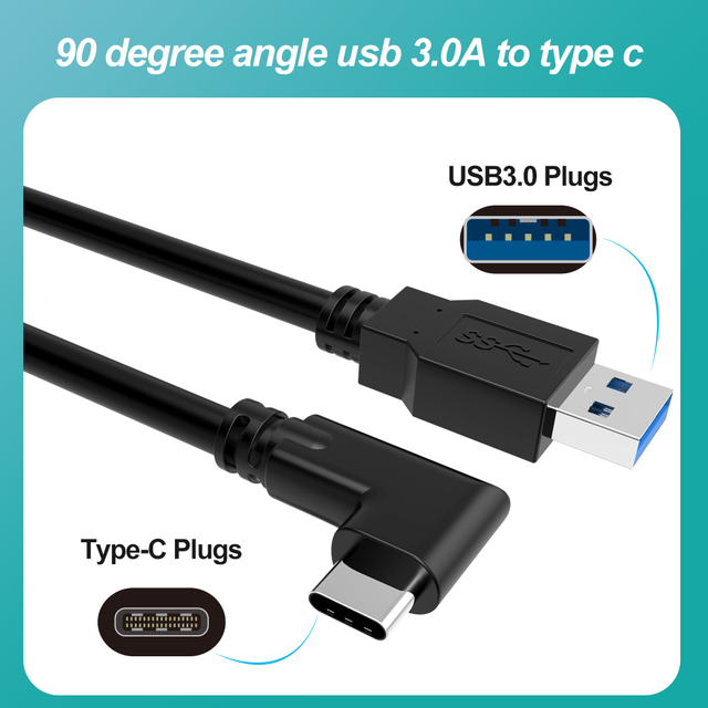 90 Degree Angled Aluminum Alloy Type-C to USB 3.0 Braid Shielded Cable 5Gbps 3A Fast Charging 5M/3M for IOS & Computer