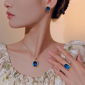 Fashion Jewelry Eco-friendly Copper 12*16/10*12mm Sugar Cubic Zirconia Gold Plated Necklace <b>Set</b> With Blue Stones for Women - Product Image 6