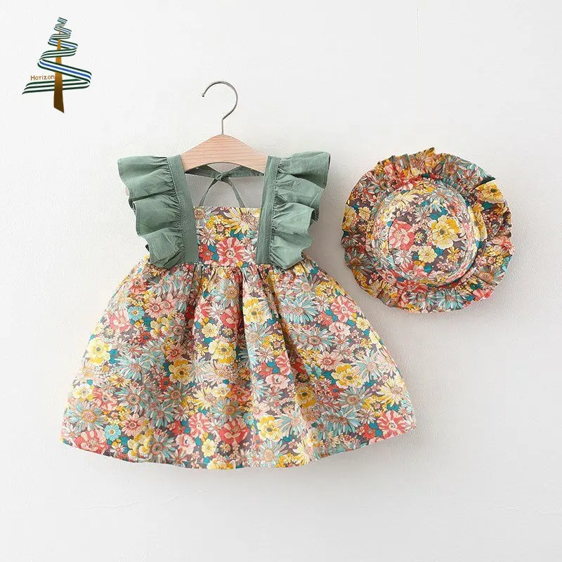 Summer 1-4 Years Girls Floral Flying Sleeve Dress Kids Princess Sleeveless Flower Dress with Hat