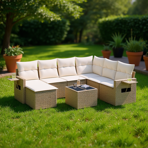 Conjunto de Sofás de Jardín Beige, Muebles de Ratán para Exteriores, 6 Plazas, Diseño Contemporáneo - Product Image 2