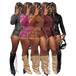 HR25102 女式2026冬/春季新款立领机车夹克套装双拉链上衣和短裤两件套 - Product Image 1