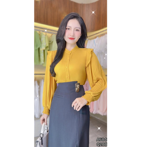 Camisa de manga larga ecológica para mujer con detalles de volantes plisados, top casual de oficina de color liso, manga raglán, nueve cuartos. - Product Image 3