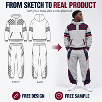 Ensemble de survêtement personnalisé pour homme avec sweat à capuche à patte de boutonnage, empiècements à carreaux, en molleton de coton, color block, 2 pièces, style rétro urbain
