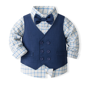 Catpapa – Ensemble 4 pièces pour garçons : Chemise à carreaux, <span class=keywords><strong>gilet</strong></span> bleu foncé, pantalon et nœud papillon – Tenue de mariage pour enfant - Product Image 3