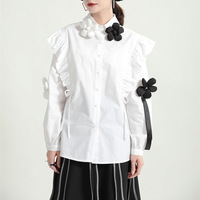 Chemisier à fleurs tridimensionnel pour femme, vêtement d'automne, haut court blanc avec cordon de serrage et revers, nouvelle collection 2023, 2695