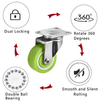 Roulettes silencieuses en polyuréthane pour meubles, 1,5 pouce, 2 pouces, avec tige en PU vert, roulettes pivotantes en acier inoxydable M10, usage léger