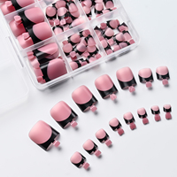 150 faux ongles de pieds carrés courts à presser, style French, avec bord noir et rose, couvrance totale, 15 tailles, réutilisables, finition brillante