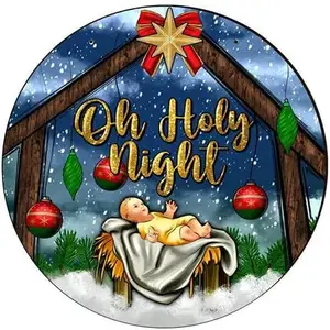 Christmas Wooden Hanging Sign Jesus Bowknot Frame Round Door Sign Welcome Sign Suitable for Front Porch Decoration