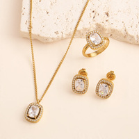 Ensemble de bijoux de mariée rectangulaire Halo CZ pour femmes, plaqué or 18 carats, acier inoxydable hypoallergénique, collier, boucles d'oreilles, bague