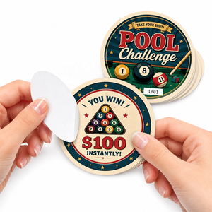 Cartes de jeu écologiques personnalisables à déchirer, à fenêtre unique, de forme ronde, avec languettes de tirage - Product Image 1