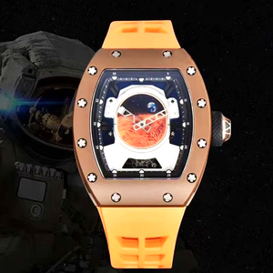 Montre mécanique automatique Mars Dial pour hommes, boîtier en fibre de carbone marron, montre-bracelet de sport de luxe, étanche, bracelet en caoutchouc orange - Product Image 1