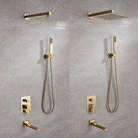 Système de douche encastré 3 fonctions avec pommeau de pluie carré, bec de baignoire et douchette murale en laiton pour salle de bain