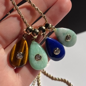 Nouveau Collier Chaîne Corde en Acier Inoxydable Doré avec Pendentif Goutte d'Eau Ovale en Pierre Naturelle Colorée Rose Marine pour Femme - Product Image 3