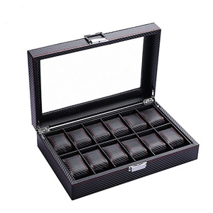 Customized Logo Luxury Carbon <b>Black</b> PU Leather Clear Window Packaging <b>Box</b> for 6 12 Slots Watches Organizer Storage case - Product Image 5